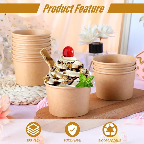 Miniatura 4 de Honeydak 100 tazas de sopa de helado de papel de 5 onzas, cuencos desechables de papel kraft, aperitivos fríos y calientes, yogur, postre, tazas
