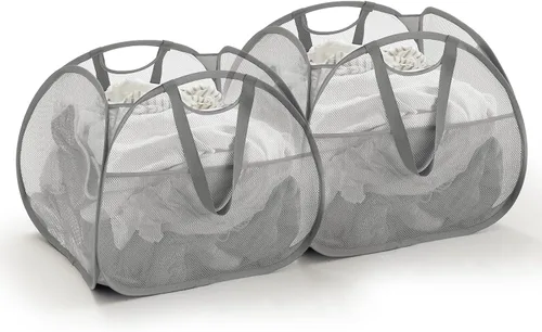 Miniatura 9 de TECHMILLY Cesta plegable de malla con asas fuertes, cesta de ropa de gran apertura con bolsillos laterales, cestas de almacenamiento para Negro