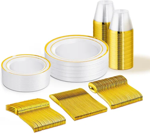 Juego de vajilla desechable dorada de 150 piezas para 25 invitados, platos de plástico dorado y blanco para fiestas, 25 platos de cena y ensalada,