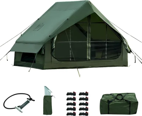 Inflatable Camping Tent with Hand Pump Waterproof Outdoor Blow up Tent 2-8 Person Oxford 4 Season Glamping Air Tent Cabin House with Mesh Windows &