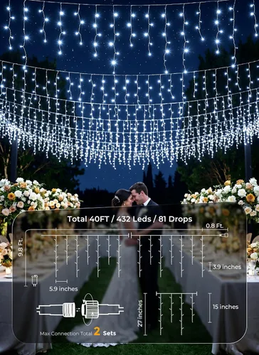 Miniatura 7 de Luces de Navidad de carámbano para exteriores, 40 pies, 432 LED, impermeables, para exteriores, 8 modos de iluminación, con control remoto