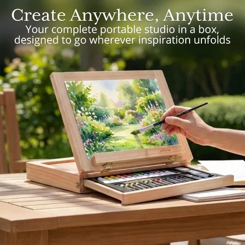 Miniatura 7 de Artistik Mixed Media Easel Art Set – Juego de pintura de caballete de escritorio de madera de 34 piezas con pinturas acrílicas, 3 tableros de lienzo