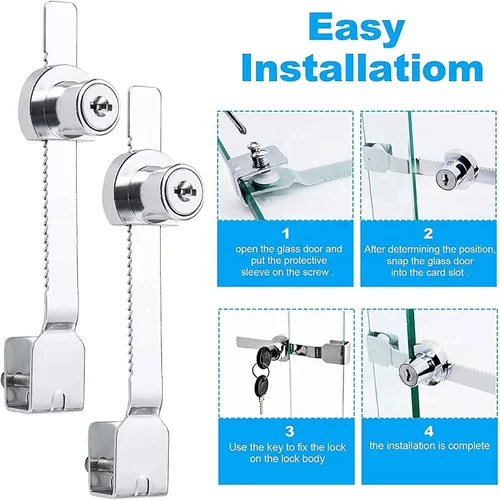Miniatura 3 de Generic Cerradura de puerta corrediza de cristal, cerradura de trinquete con acabado cromado, con llave similar, a prueba de niños pequeños, paquete