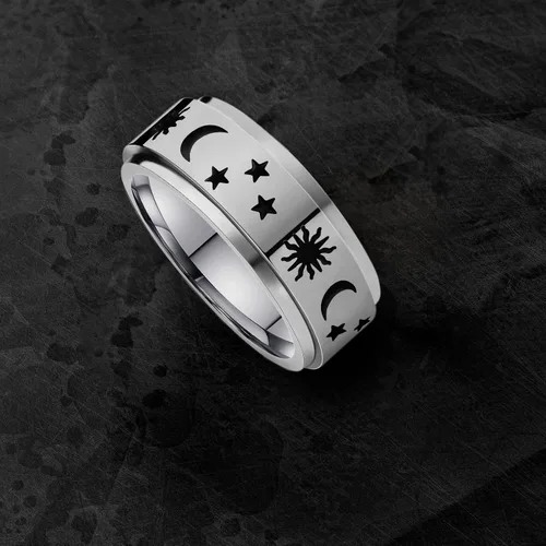 Miniatura 35 de LAOYOU Anillo giratorio para hombre para alivio de la ansiedad 0.315 in de acero inoxidable negro anillo de ansiedad con incrustaciones de cadena