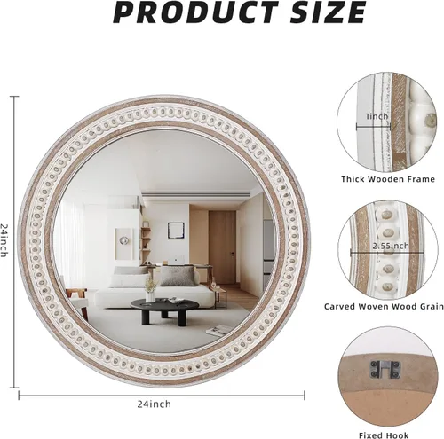 Miniatura 5 de 24 Pulgadas Espejos de Pared Redondos Rústicos - Espejo Circular de Granja de Madera para Baño, Entrada, Dormitorio, Sala de Estar, Decorativo