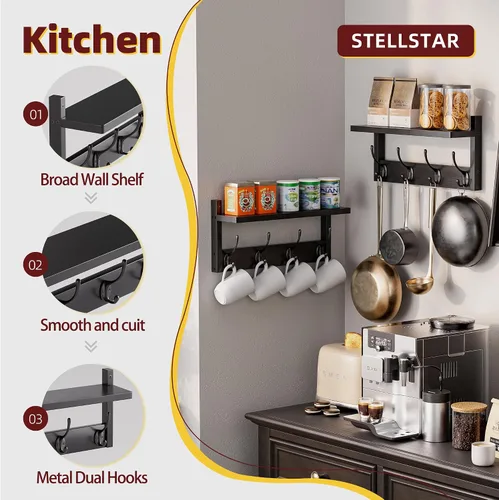 Miniatura 3 de STELLSTAR Perchero con estante, paquete de 2 perchas de bambú para montar en la pared con 8 ganchos para entrada, pasillo, cocina, baño, sala