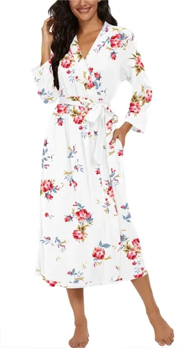 Miniatura 3 de VINTATRE Bata tipo kimono para mujer, bata larga de punto, ligera, suave, ropa de dormir con cuello en V, casual, ropa de descanso para mujer