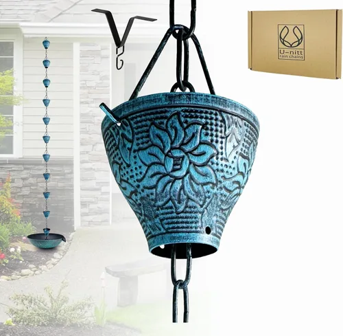 Miniatura 10 de U-nitt Cadena de lluvia colección de agua para canalones, atrapador de agua de lluvia y desviador, cadenas de 8.5 pies para jardín exterior, copas