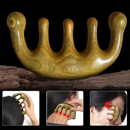 Miniatura 4 de Peine de meridianos de cinco dientes de madera pura 100% natural, hecho a mano, portátil, alambre dorado, sándalo, cabeza ancha, meridianos