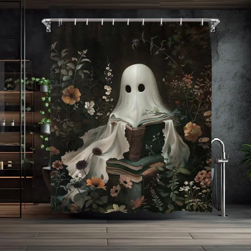 Miniatura 9 de Cortina de ducha de Halloween con diseño de fantasma, para bañera, bosque de flores, cortina de ducha para baño, academia oscura, tina fantasma