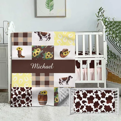 Juego de ropa de cama personalizado para cuna para bebé, juego personalizado para niña con nombre, ropa de cama de guardería de vaca de granja,