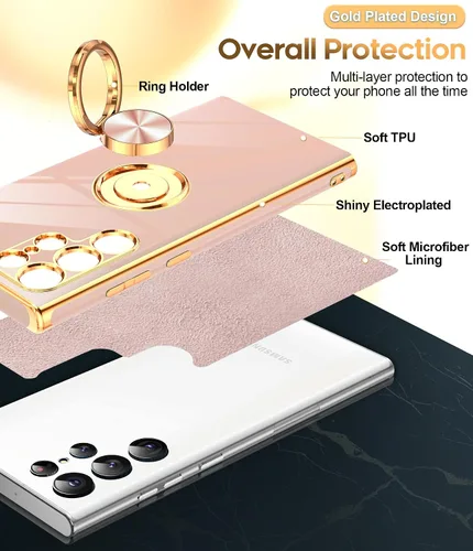 Miniatura 2 de LeYi Funda para Samsung Galaxy S22 Ultra con Soporte de Anillo Giratorio de 360°, Soporte Magnético con Patilla, Borde Chapado en Oro Rosa Protector