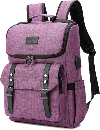 Mochila vintage para laptop con puerto de carga USB para mujeres y hombres, Púrpura, 15,6 pulg.