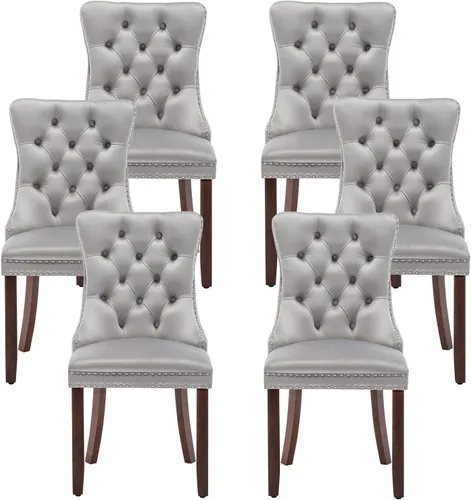 Miniatura 31 de Juego de 6 sillas de comedor de cuero, sillas de comedor tapizadas con ribete de cabeza de clavo y patas de madera maciza, silla auxiliar de comedor