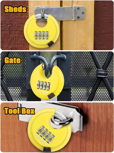 Miniatura 7 de DELSWIN Candado de disco de combinación de 4 dígitos con grillete de acero endurecido Combo Lock para cobertizos, unidad de almacenamiento, Amarillo