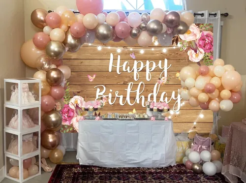 Miniatura 4 de Fondo de madera rústica floral para cumpleaños, flores de primavera, purpurina de madera, fondo de fotografía de feliz cumpleaños para mujeres