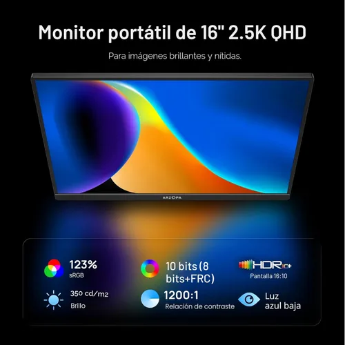 Miniatura 2 de ARZOPA – Monitor portátil 16 pulgadas 2.5K 2560 x 1600 QHD IPS, 123% sRGB, soporte integrado USB-C y HDMI, cuidado visual, segunda pantalla