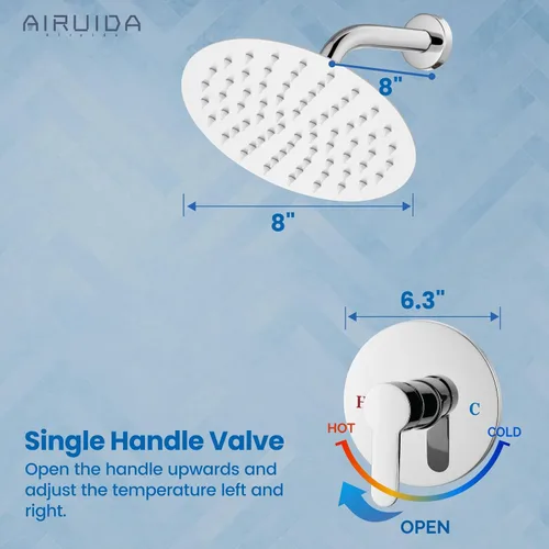 Miniatura 4 de Airuida Juego de grifo de ducha, cabezal de ducha redondo de 8 pulgadas, SUS304 de acero inoxidable de un solo mango, sistema de baño de montaje