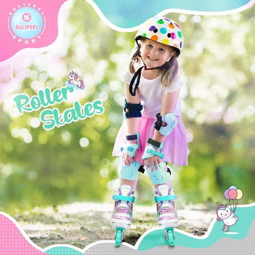 Miniatura 8 de SULIFEEL Patines en línea de unicornio arcoíris para niñas y niños, 4 tamaños, ajustables, con ruedas iluminadas, para niños principiantes Un arco