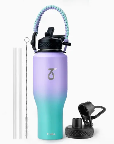 Miniatura 28 de Trebo Botella de agua de 40 onzas con aislamiento que cabe en portavasos de automóvil con asa, botellas de agua de acero inoxidable vaso con tapas