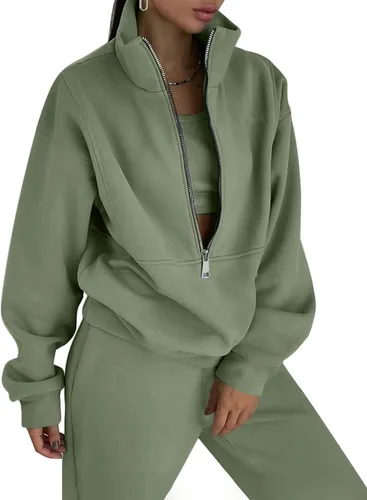 Miniatura 14 de PEHMEA Conjunto deportivo de 2 piezas de otoño para mujer, con forro polar, holgado, manga larga, media cremallera, cómodo conjunto de descanso