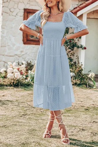 Miniatura 3 de MEROKEETY - Vestido de verano con lunares suizos para mujer vestido midi con cuello cuadrado, mangas abombadas, volados, lazo en la espalda