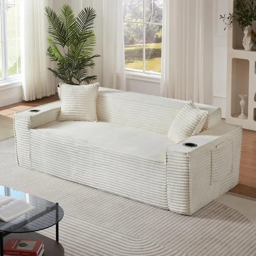 Miniatura 23 de Sofá sin hueso de 66.5 pulgadas con portavasos y bolsillos laterales, sofá biplaza tapizado de tela de pana moderna con 2 almohadas para sala