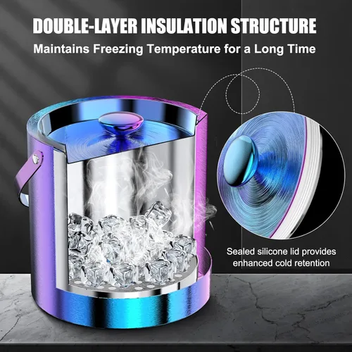 Miniatura 3 de IOV Cubo de hielo con tapa, cuchara, pinzas y colador, cubo de hielo aislado de doble pared de acero inoxidable de 3 L para fiestas, mantiene
