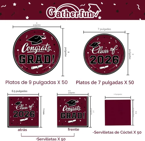 Miniatura 2 de Platos y servilletas de fiesta de graduación Gatherfun 2022 suministros para fiesta de graduación, platos de papel desechables granate, servilletas