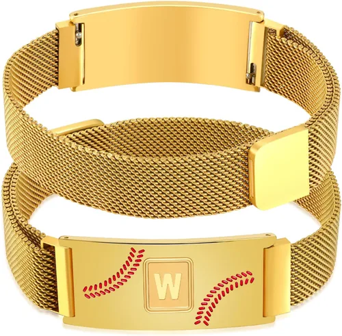 Miniatura 72 de Fervia Regalos de graduación de Pascua para hombres, pulsera con inicial de béisbol, color negro, plateado, dorado, acero inoxidable, pulseras