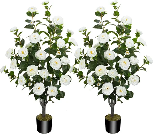 Miniatura 9 de Árbol artificial de 43.3 pulgadas / 3.6 pies con flores de camelia, árbol de otoño falso con 32 flores florecientes, árbol naranja para otoño