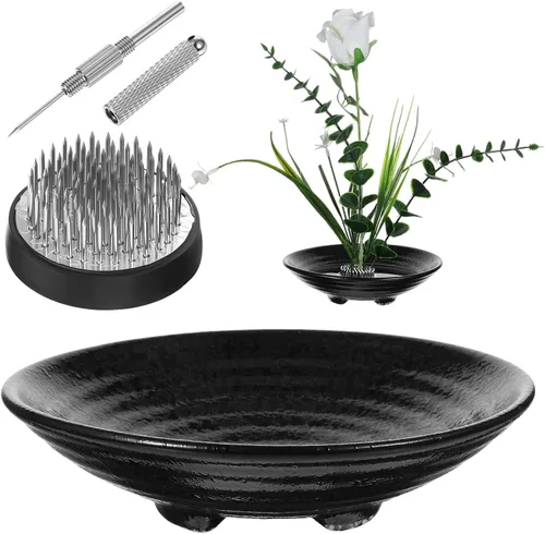 Kit japonés de Ikebana, florero de cerámica, recipiente de flores de rana floral con herramienta de alisado de aguja Kenzan, 6.7 pulgadas y 1.57