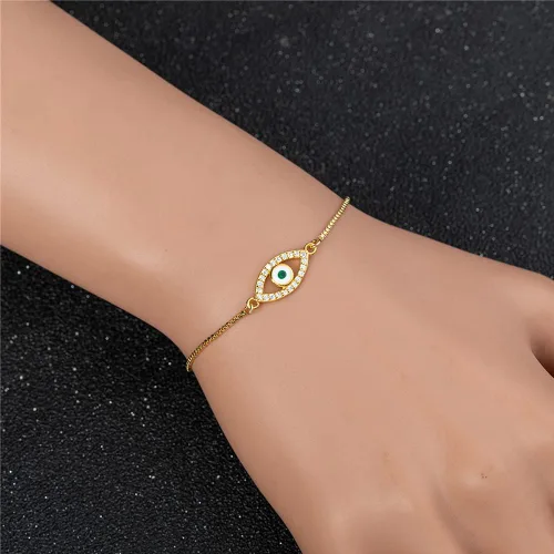 Miniatura 4 de Pulsera delicada chapada en oro real de 14 quilates para mujeres y hombres eslabones de cadena de oro ajustable con eslabones de ojo malvado Hamsa
