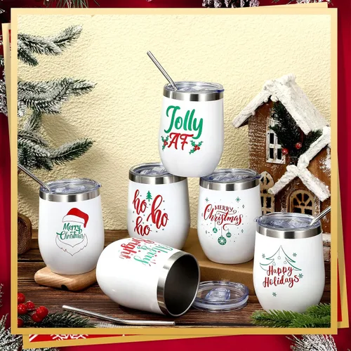 Miniatura 5 de Ziliny 6 Piezas Vasos de Vino de Navidad 12 oz Vasos de Vino Aislados de Acero Inoxidable de Navidad con Tapa y Pajita Divertidas Tazas de Café