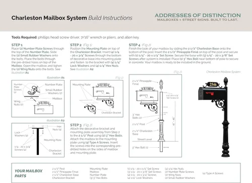 Miniatura 7 de Charleston sistema de buzón y poste – Buzón negro resistente a la oxidación – Incluye placa de dirección, números, pergamino y accesorios de montaje