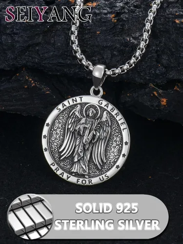 Miniatura 4 de Seiyang Collar de plata de ley 925 con medalla de amuleto para hombres y mujeres con cadena Rolo de 0.098 in, 22 pulgadas + 2 pulgadas