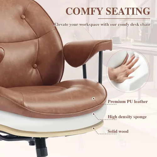 Miniatura 3 de Silla de escritorio de oficina en casa, piel sintética retro con soporte lumbar y ruedas de goma, silla ergonómica de computadora con respaldo