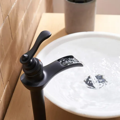 Miniatura 3 de BWE Grifo de Lavabo Tipo Vasija Negro Mate Cascada de Un Solo Orificio con Manija y Tapón de Desagüe Pop-Up Ensamblaje y Manguera de Suministro