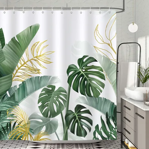Bonhause Cortina de Ducha de Hojas Tropicales, Cortina de Baño de Hoja de Plátano Palmera Monstera Verde Dorada 72x72 Pulgadas Tela de Poliéster