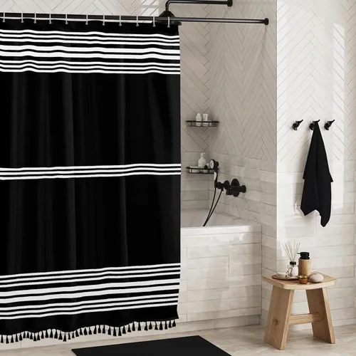 Miniatura 7 de Seasonwood Cortina de ducha negra a rayas blancas de tela moderna con borlas negras, cortinas de ducha bohemias para decoración de baño