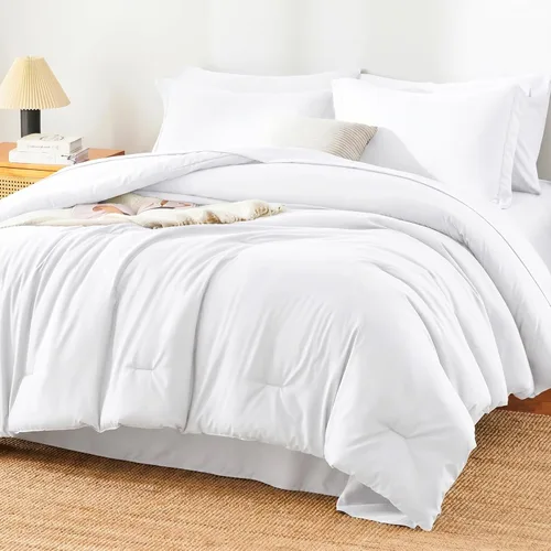 Juego de edredón blanco queen, 7 piezas cama en una bolsa, juego ligero de ropa de cama queen, juego de 7 piezas para todas las estaciones, suave,