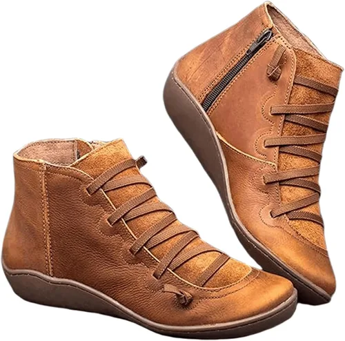 Miniatura 40 de Ladmiple Botas de tobillo para mujer, sin tacón, casual, con cremallera lateral, botas cortas vaqueras occidentales, zapatos para caminar V-Caqui