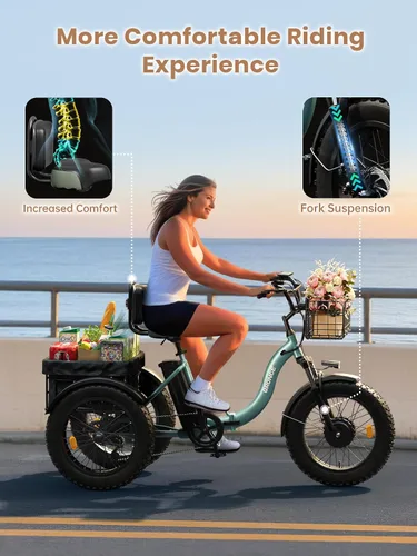 Miniatura 6 de QRONGE Triciclo eléctrico para adultos de 960 W pico, batería de 36 V 15 AH Ebike de 50 millas de alcance con canasta trasera grande, neumático