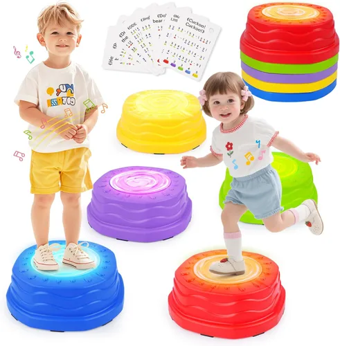 Stepping Stones para niños, piedras de paso para niños pequeños en interiores y exteriores, 5 piezas de luz y música antideslizante equilibrio