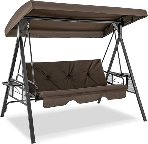 Tangkula Columpio de porche para 3 personas, cama columpio convertible 2 en 1 para patio con toldo ajustable, mesa de 2 tazas, cojines de asiento y