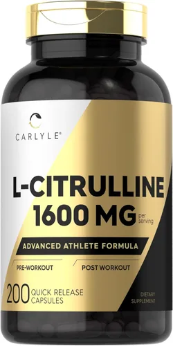Carlyle L Citrulina 1600mg | 200 cápsulas | para hombres y mujeres | Fórmula avanzada para atletas | Suplemento sin OMG y sin gluten