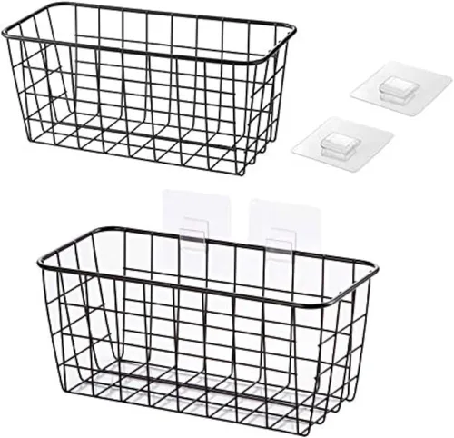 Lele Cestas de alambre de metal para colgar en la pared, sin perforar, con ganchos de pared, organización y almacenamiento de cocina, frutas