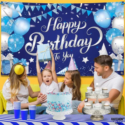 Miniatura 4 de KatchOn, Cartel de feliz cumpleaños plateado y azul, extragrande, 72 x 44 pulgadas, pancarta de fondo para decoraciones de feliz cumpleaños