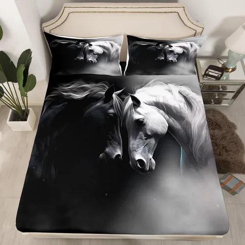 Erosebridal Juego de cama de caballo para niñas, niños y parejas, sábana bajera ajustable de caballos blancos y negros, tamaño individual, diseño de