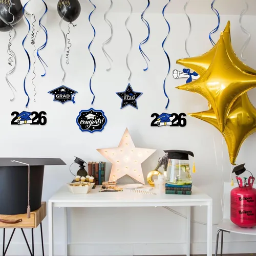 Miniatura 5 de LINGTEER Congrats Grad, Class of 2026 Swirls Streamers – 12 piezas para la escuela/hogar 2026 decoración de graduación espirales de graduación – Azul